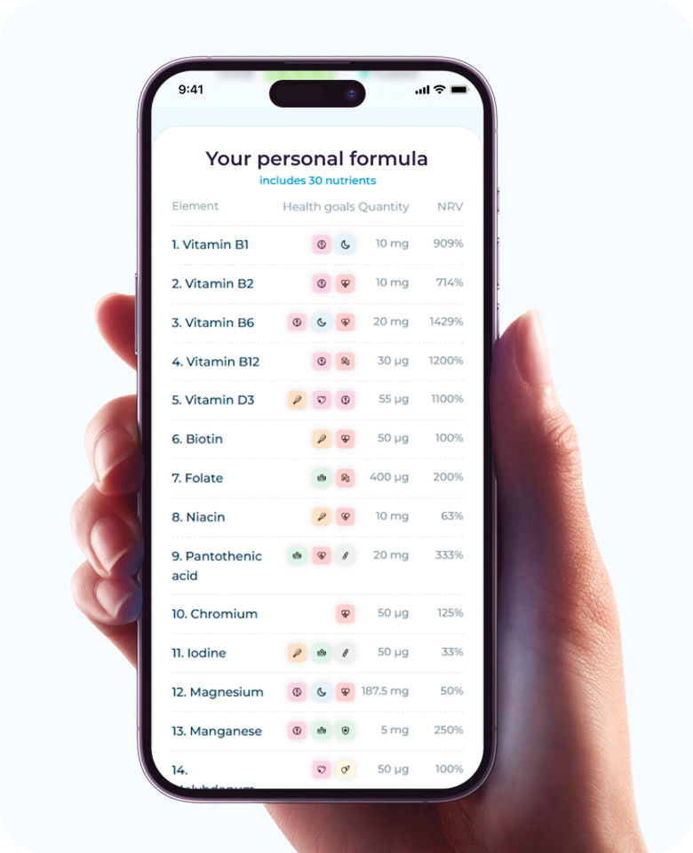 Hand holding a phone displaying a personalized bioniq nutrient formula